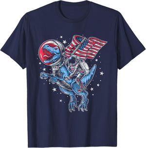 American Flag Astronaut Dinosaur Red White Blue 4th of July T-Shirt - T-Shirt | Navy