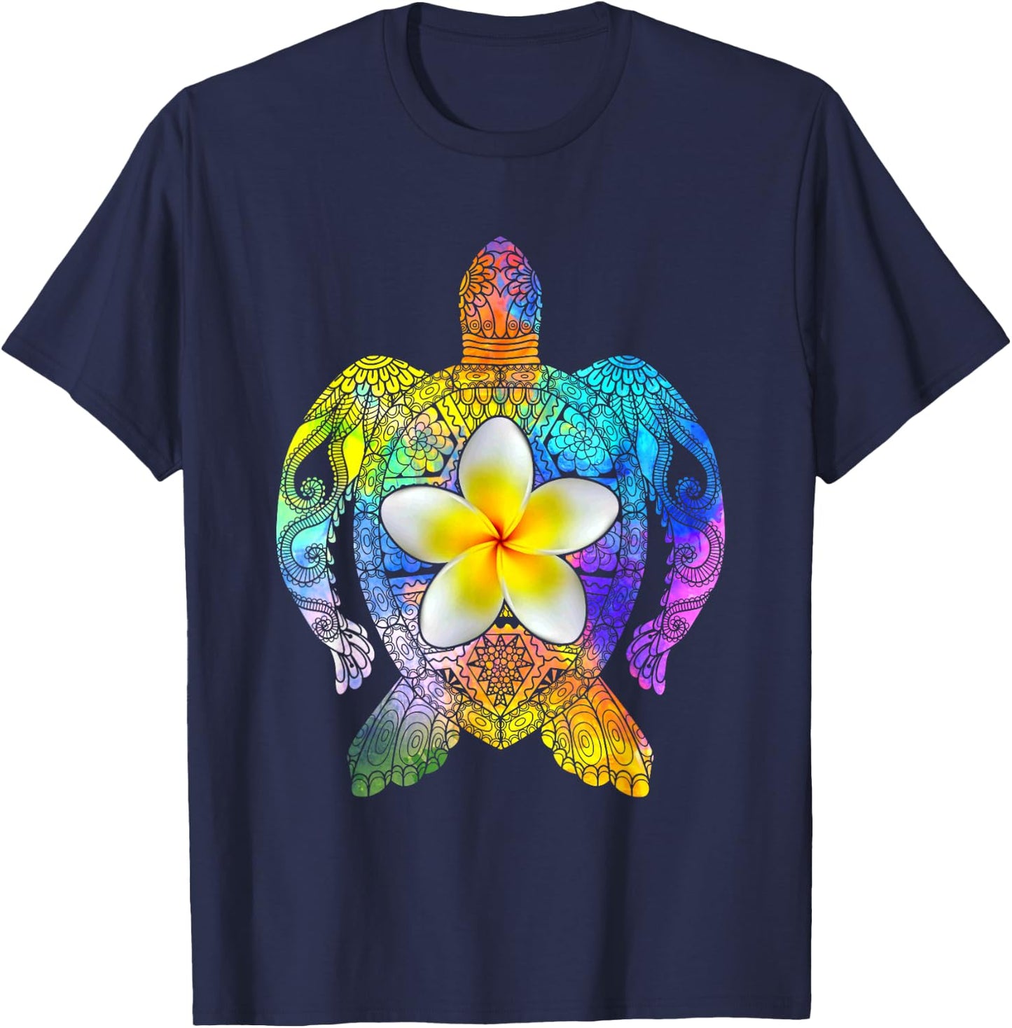 Sea Turtle Colorful Tribal Hawaiian Turtles Plumeria Flower T-Shirt - T-Shirt | Navy