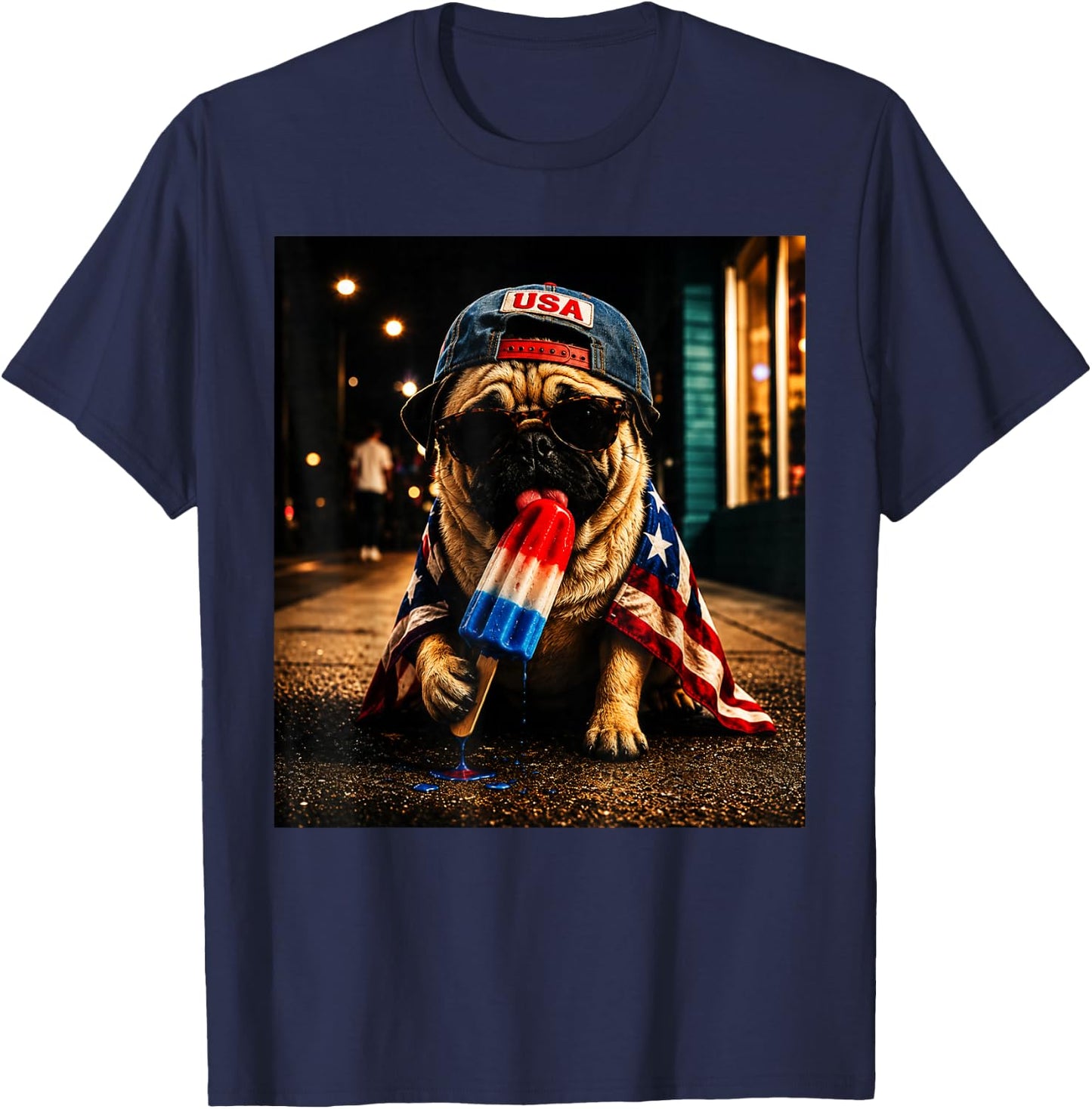 Patriotic Pug Dog with American Flag and Popsicle Art T-Shirt - T-Shirt | Navy