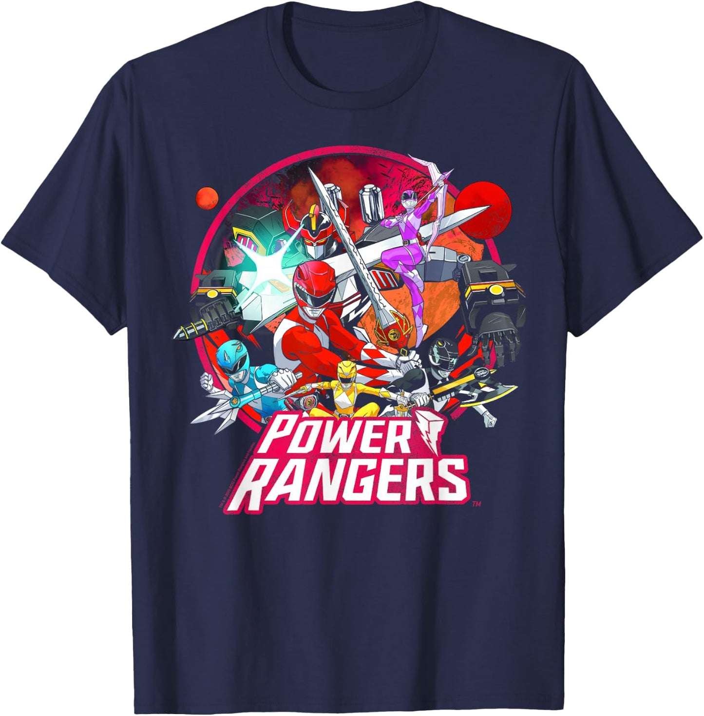 Power Rangers Vintage Comic Style Group Action Circle T-Shirt - T-Shirt | Navy