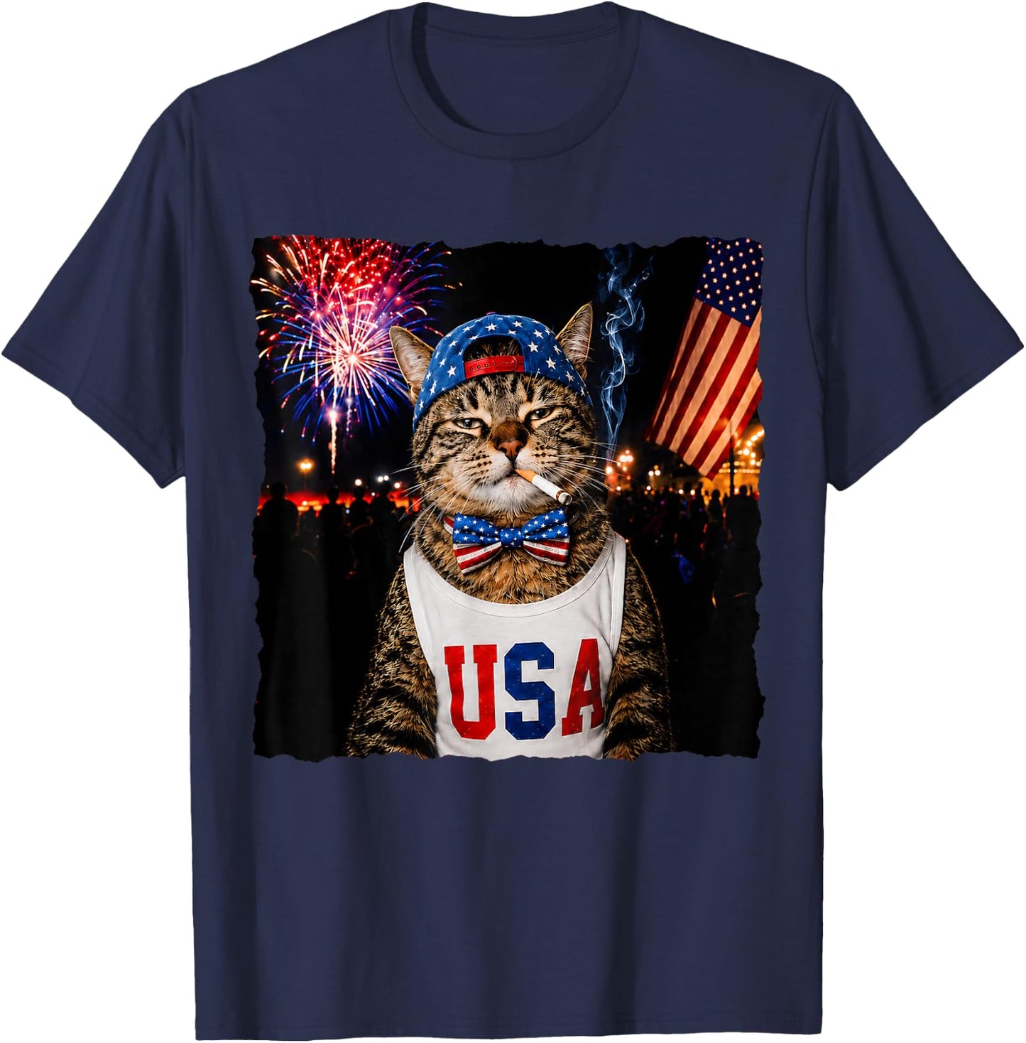 Patriotic Smoking Cat Funny 4th of July USA Flag Cat Lover T-Shirt - T-Shirt | Navy