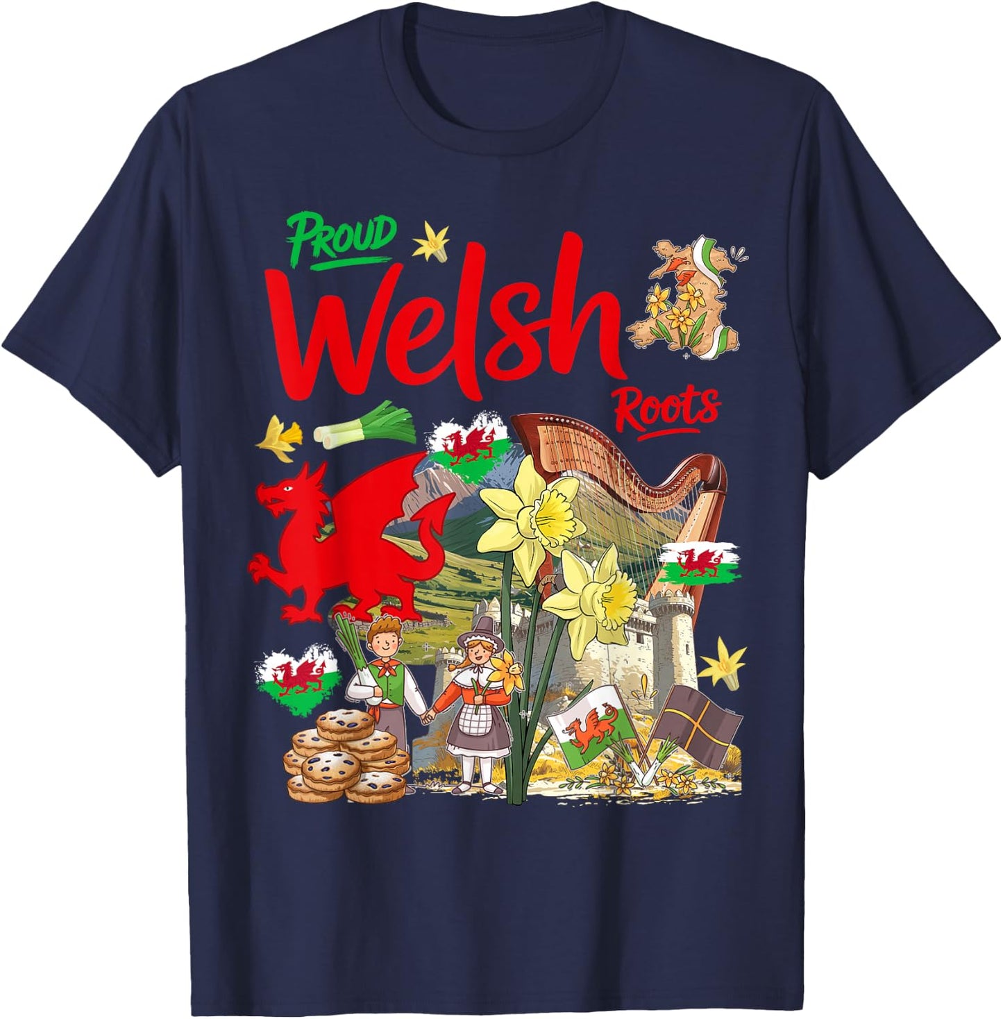 Welsh Roots Idea for Kids Wales Culture Theme with Daffodils T-Shirt - T-Shirt | Navy