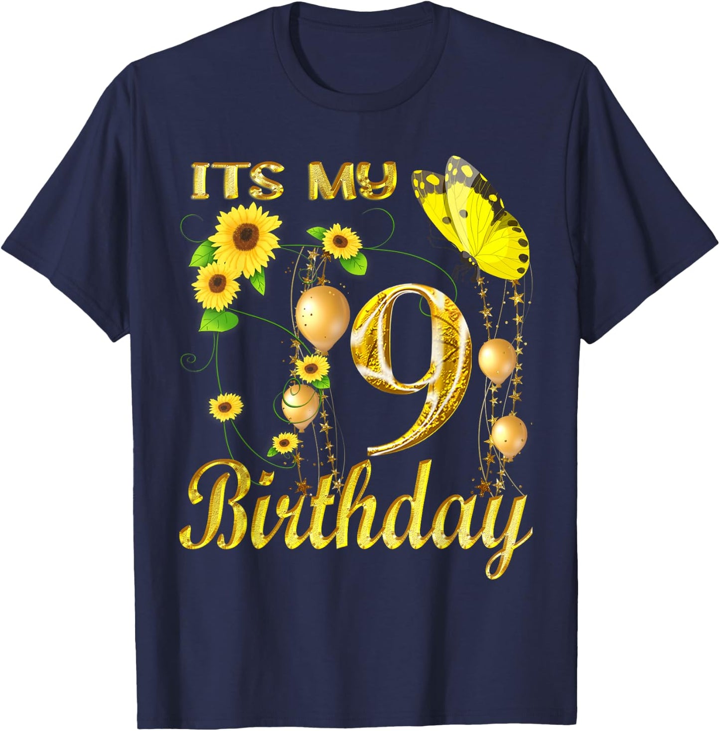 Its My 9th Birthday 9 Year Old Girl Sunflower Butterfly T-Shirt - T-Shirt | Navy