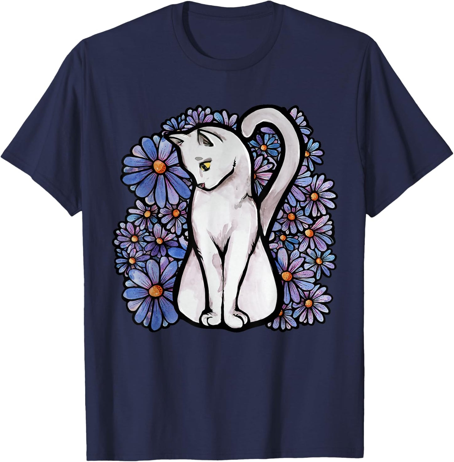 White Cats Kitty Cat Flower Garden T-Shirt - T-Shirt | Navy