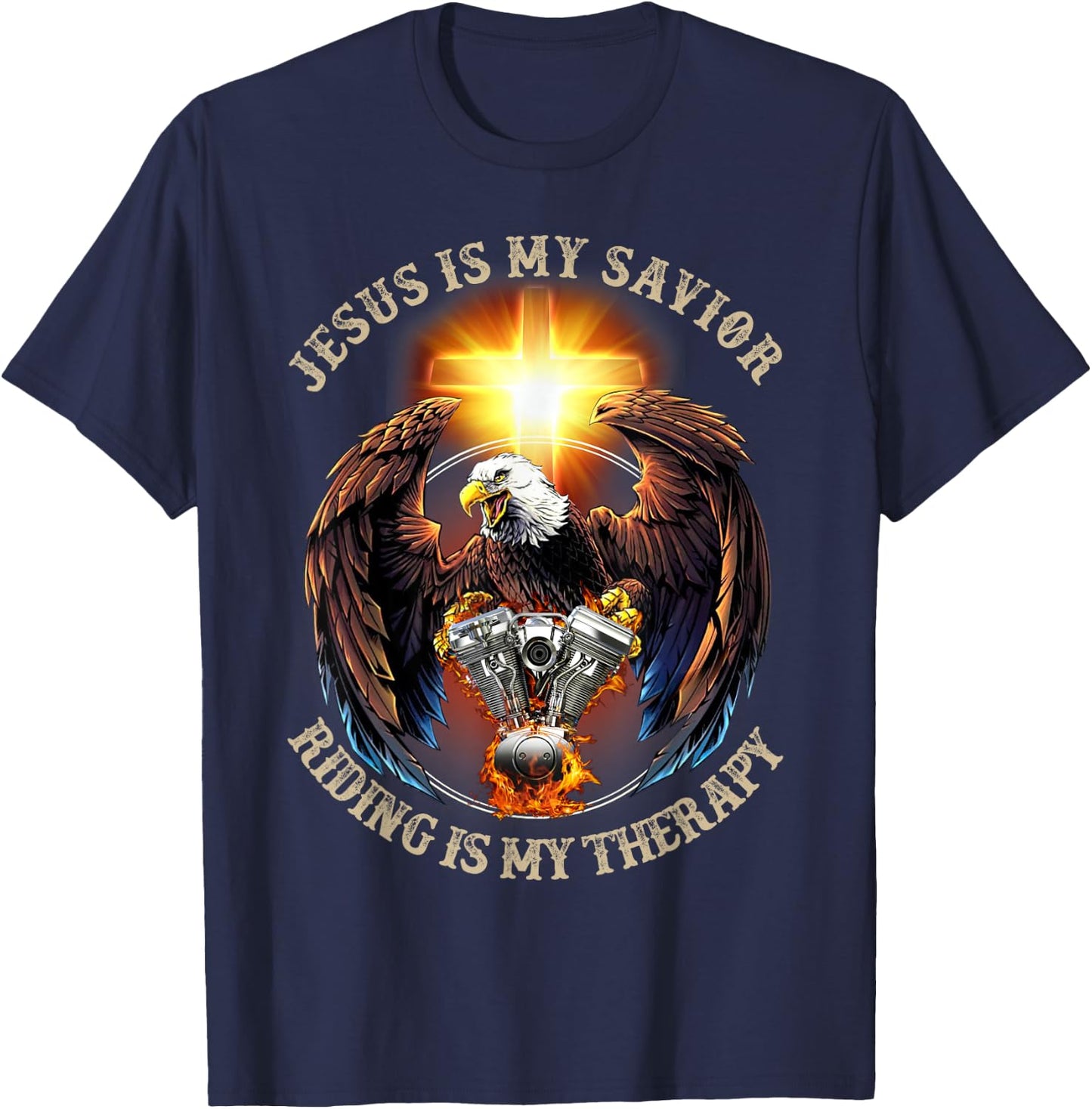 Jesus Is My Savior Riding Is My Therapy Jesus Motorcycle T-Shirt - T-Shirt | Navy
