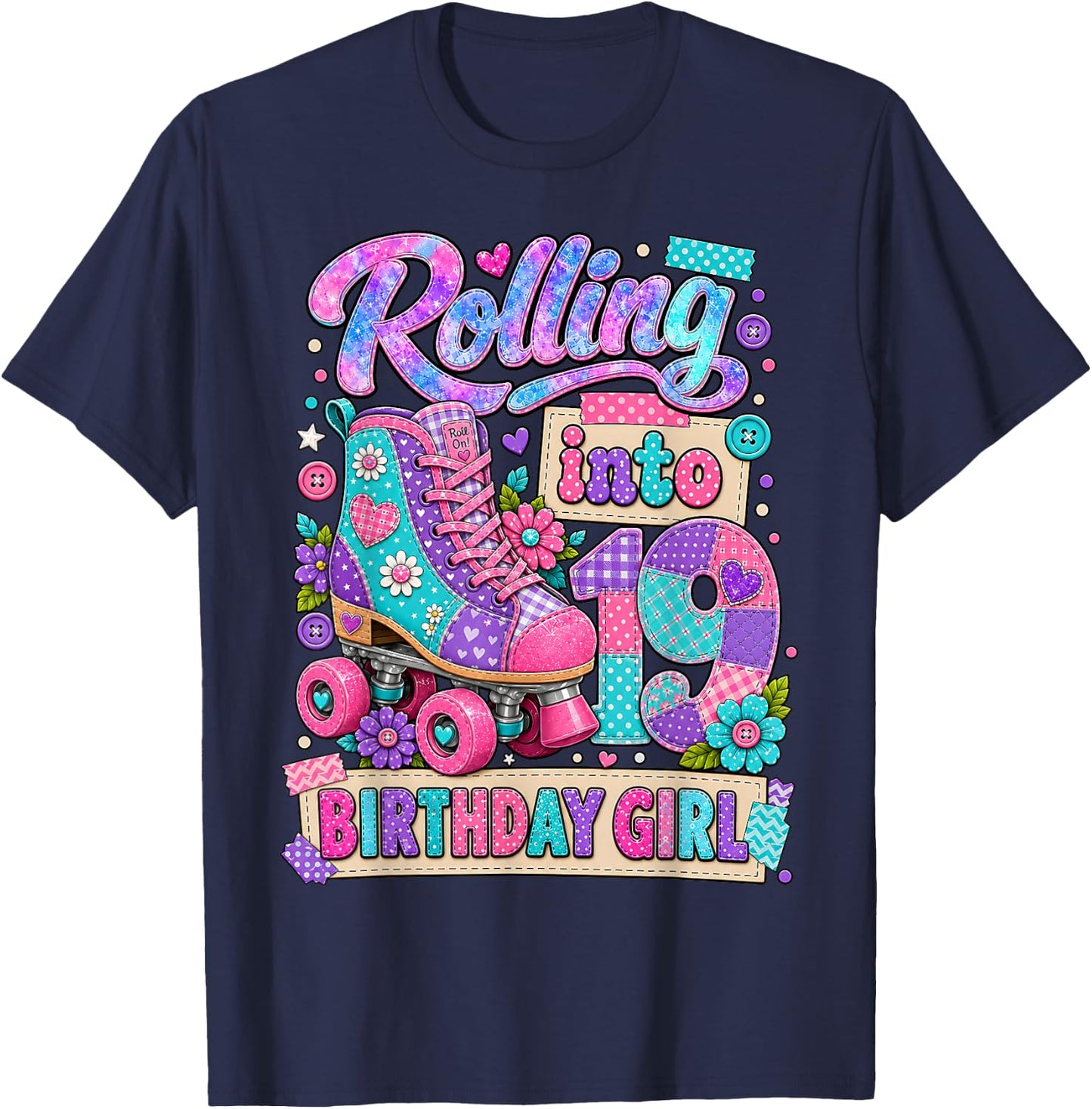 Rolling Into 19 Years Old Roller Skating Girl 19th Birthday T-Shirt - T-Shirt | Navy