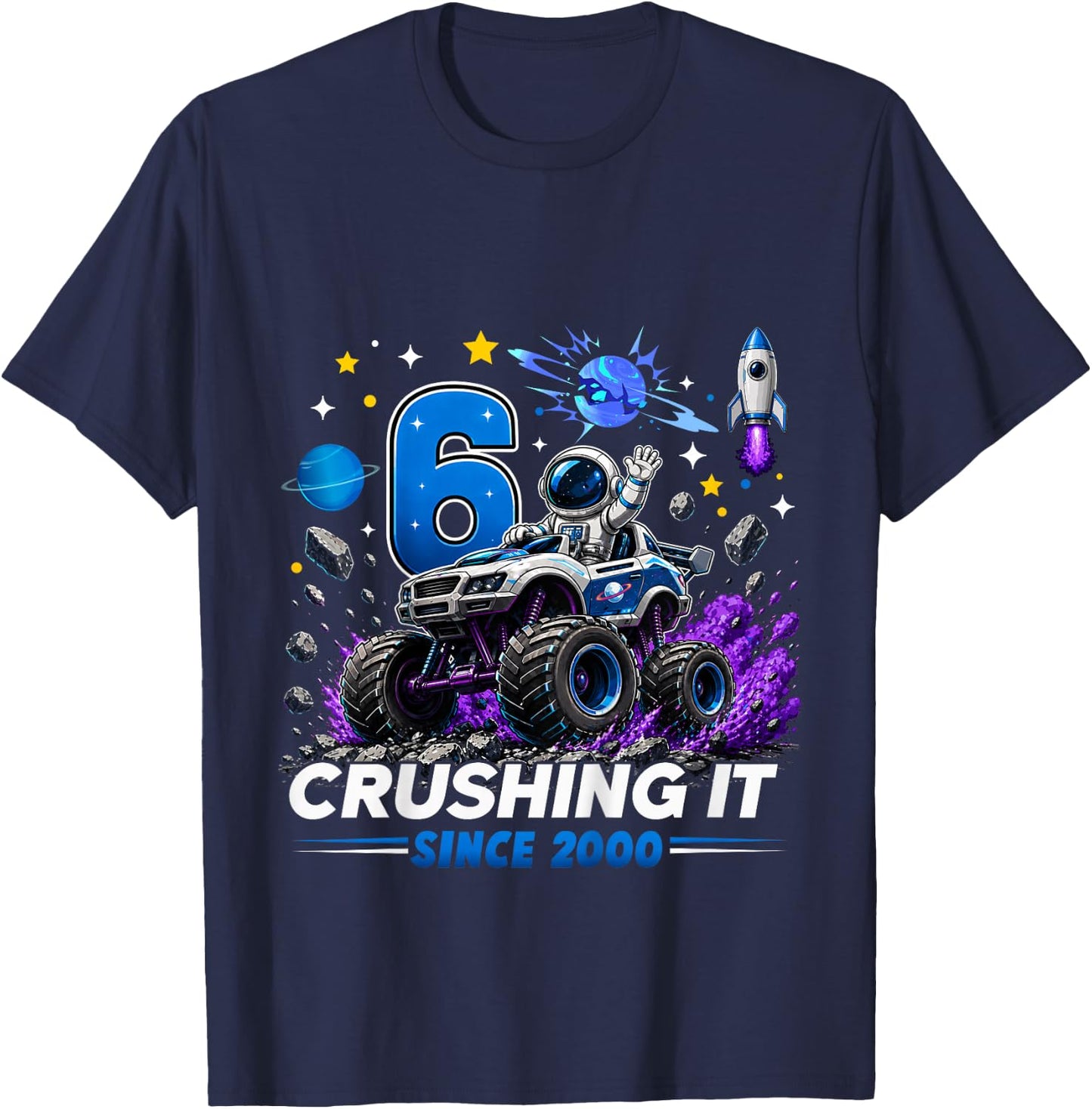 Kids 6th Birthday Monster Truck Astronaut 6 Year Old Boys Kids T-Shirt - T-Shirt | Navy