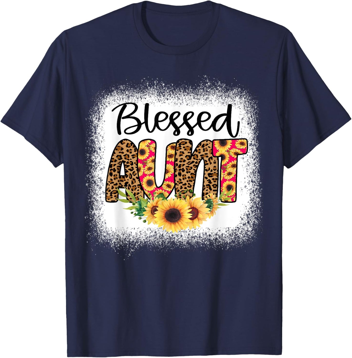 Blessed Aunt Women Bleached Cheetah Print Sunflowers Auntie T-Shirt - T-Shirt | Navy