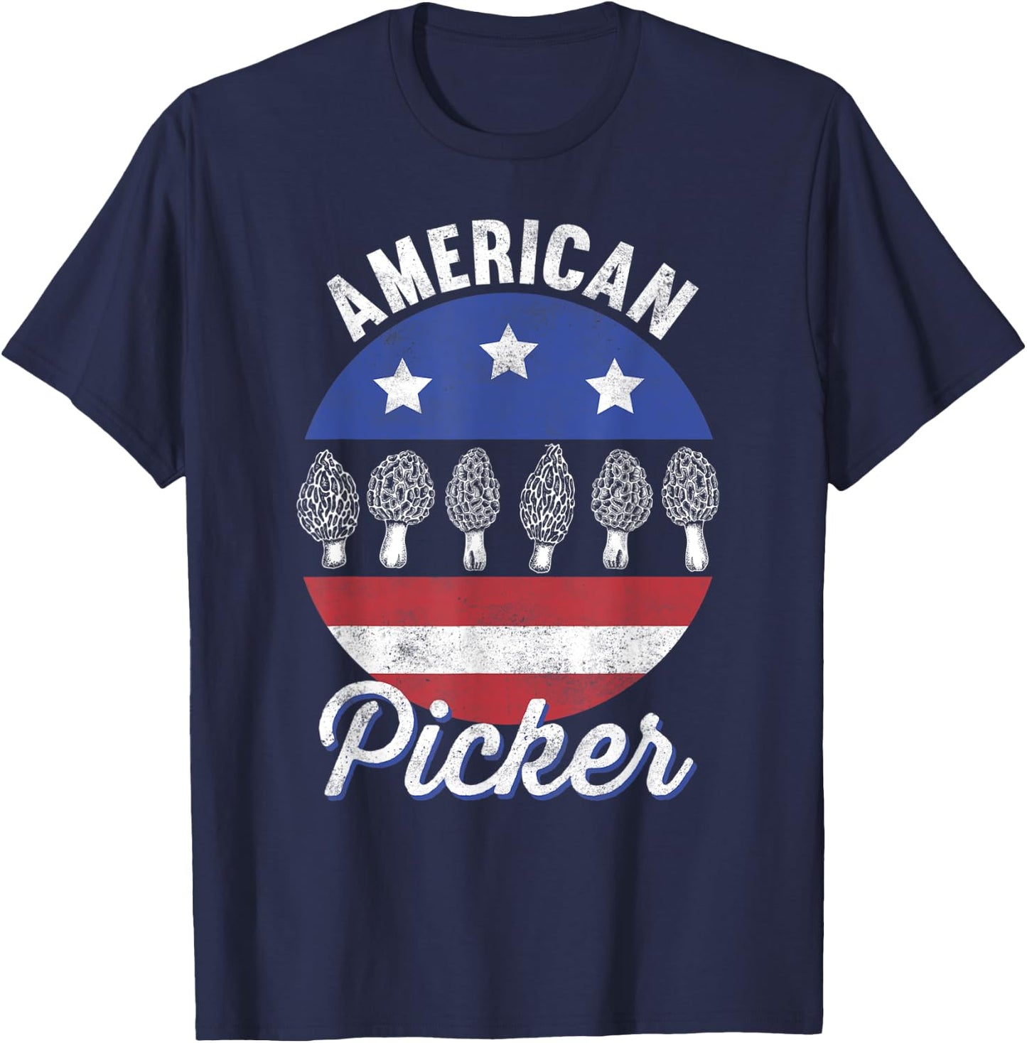 Morel Mushroom Hunter American Picker US Flag Retro Foraging T-Shirt - T-Shirt | Navy