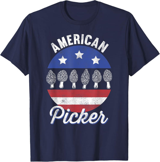 Morel Mushroom Hunter American Picker US Flag Retro Foraging T-Shirt - T-Shirt | Navy