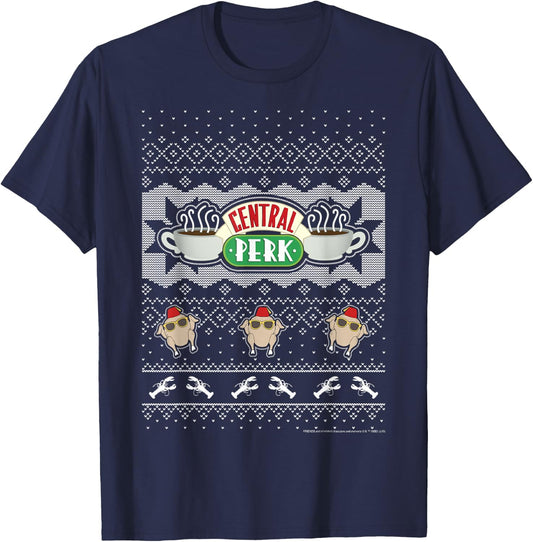 Friends Christmas Central Perk Ugly Sweater Style T-Shirt - T-Shirt | Navy