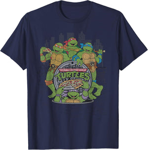 Retro TMNT Group with Pizza in City T-Shirt - T-Shirt | Navy