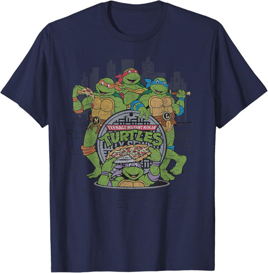 Retro TMNT Group with Pizza in City T-Shirt - T-Shirt | Navy
