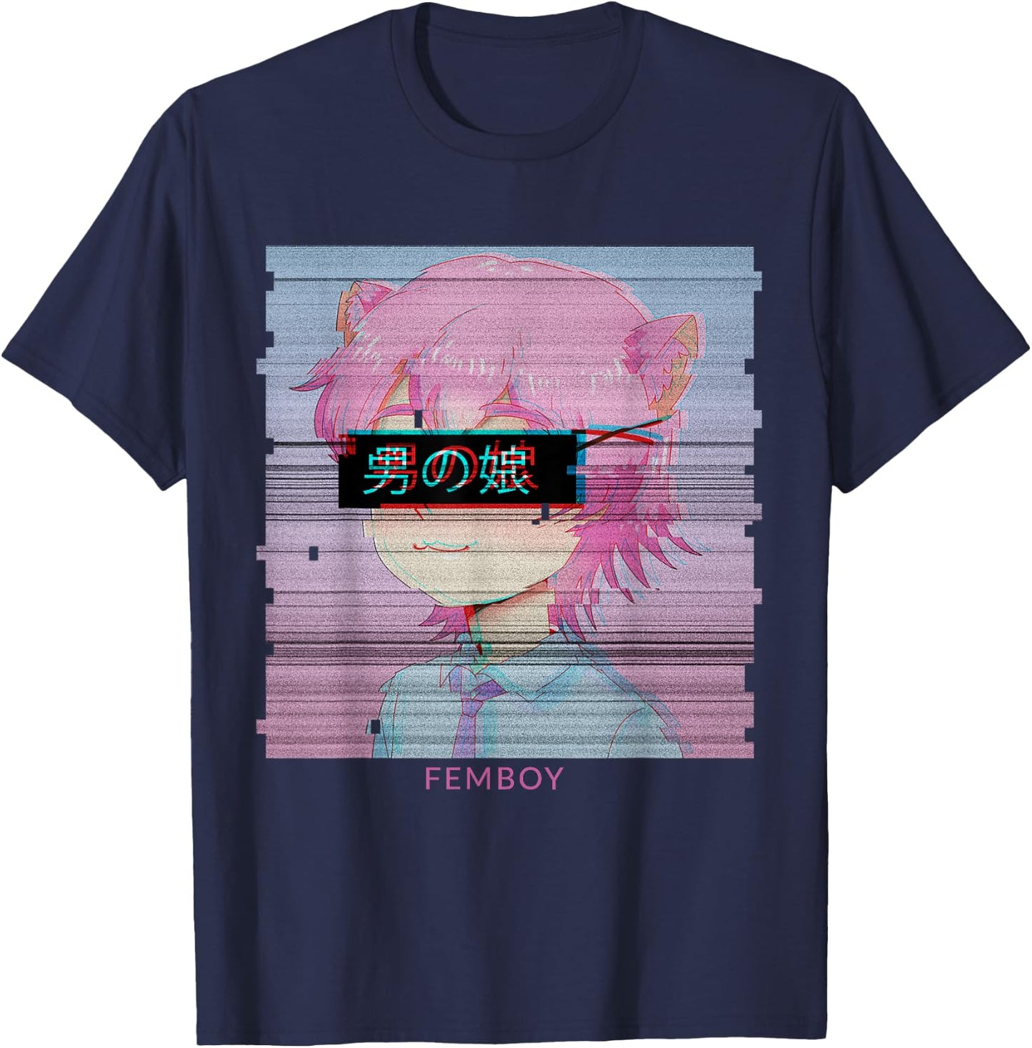Femboy Anime Neko Cat Boy Aesthetic Vaporwave Japanese T-Shirt - T-Shirt | Navy