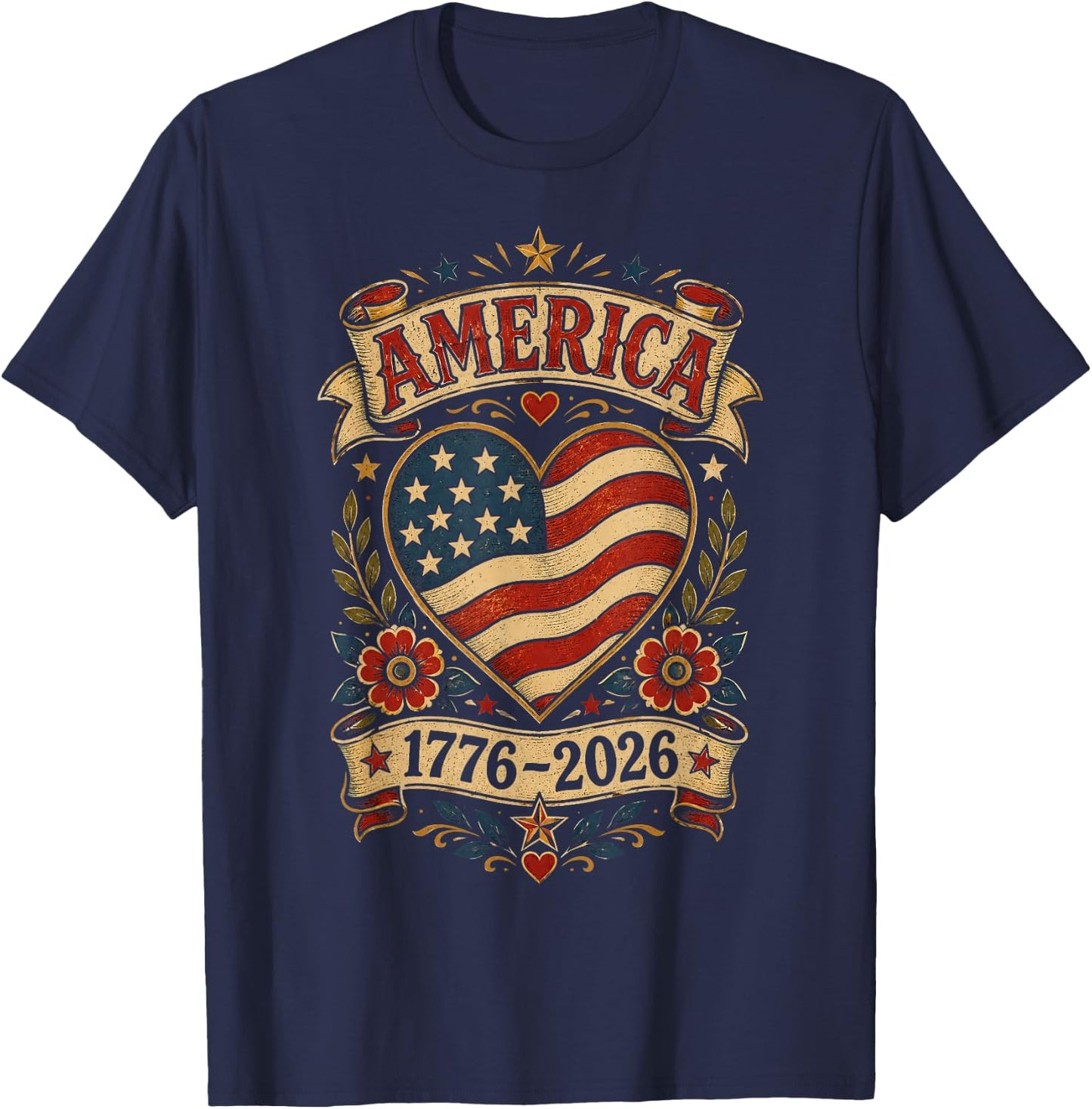 Vintage America Flag Heart 1776 2026 4th of July 250 Years T-Shirt - T-Shirt | Navy
