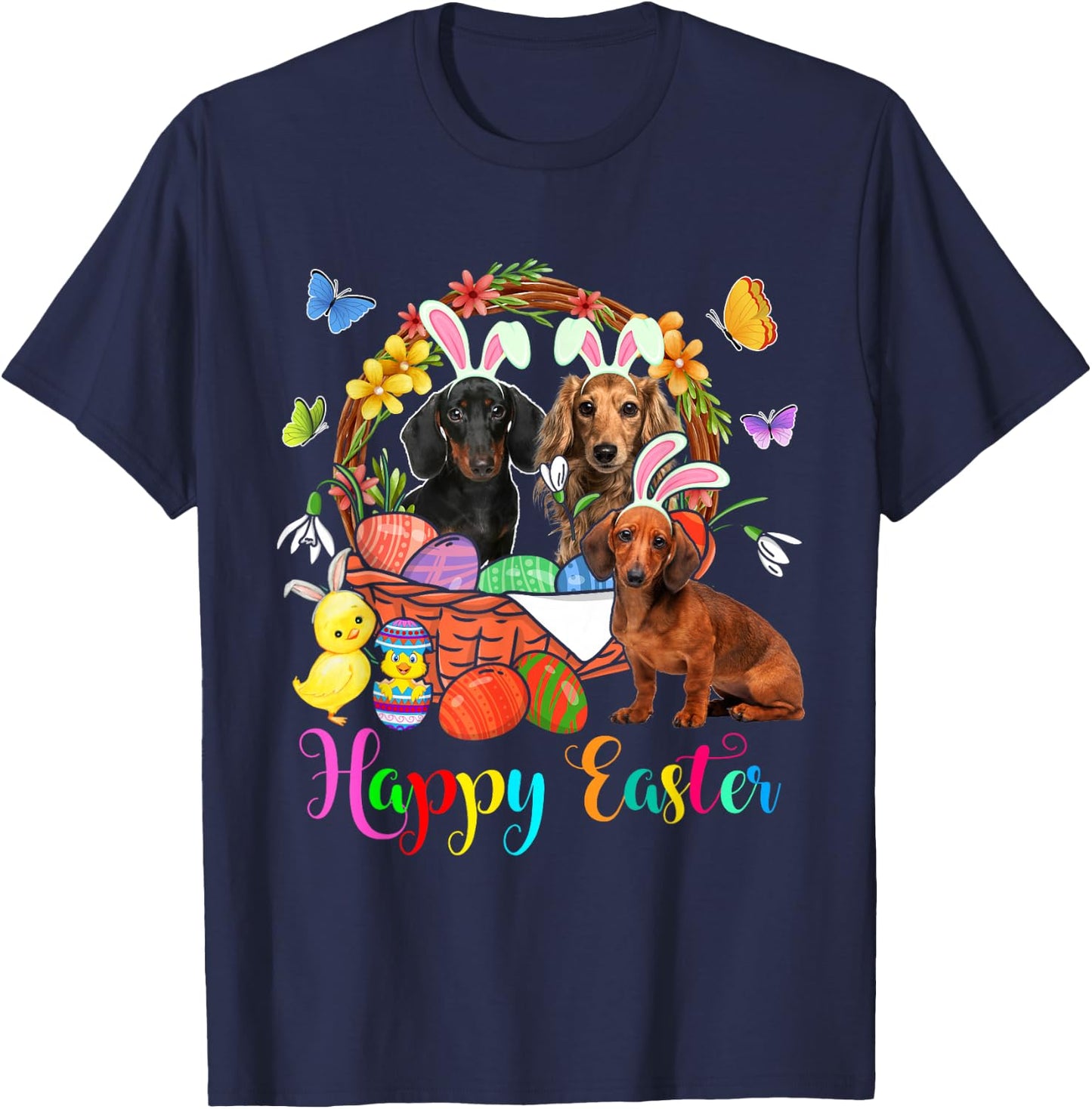 Three Bunny Dachshund Dogs In Easter Eggs Basket T-Shirt - T-Shirt | Navy