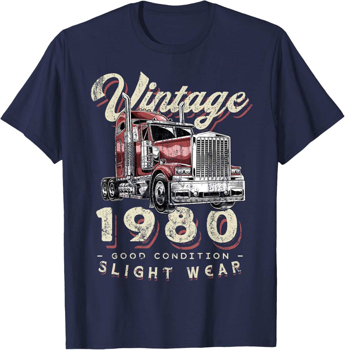 Vintage 1980 Trucker Big Rig Truck Driver 42nd Birthday T-Shirt - T-Shirt | Navy