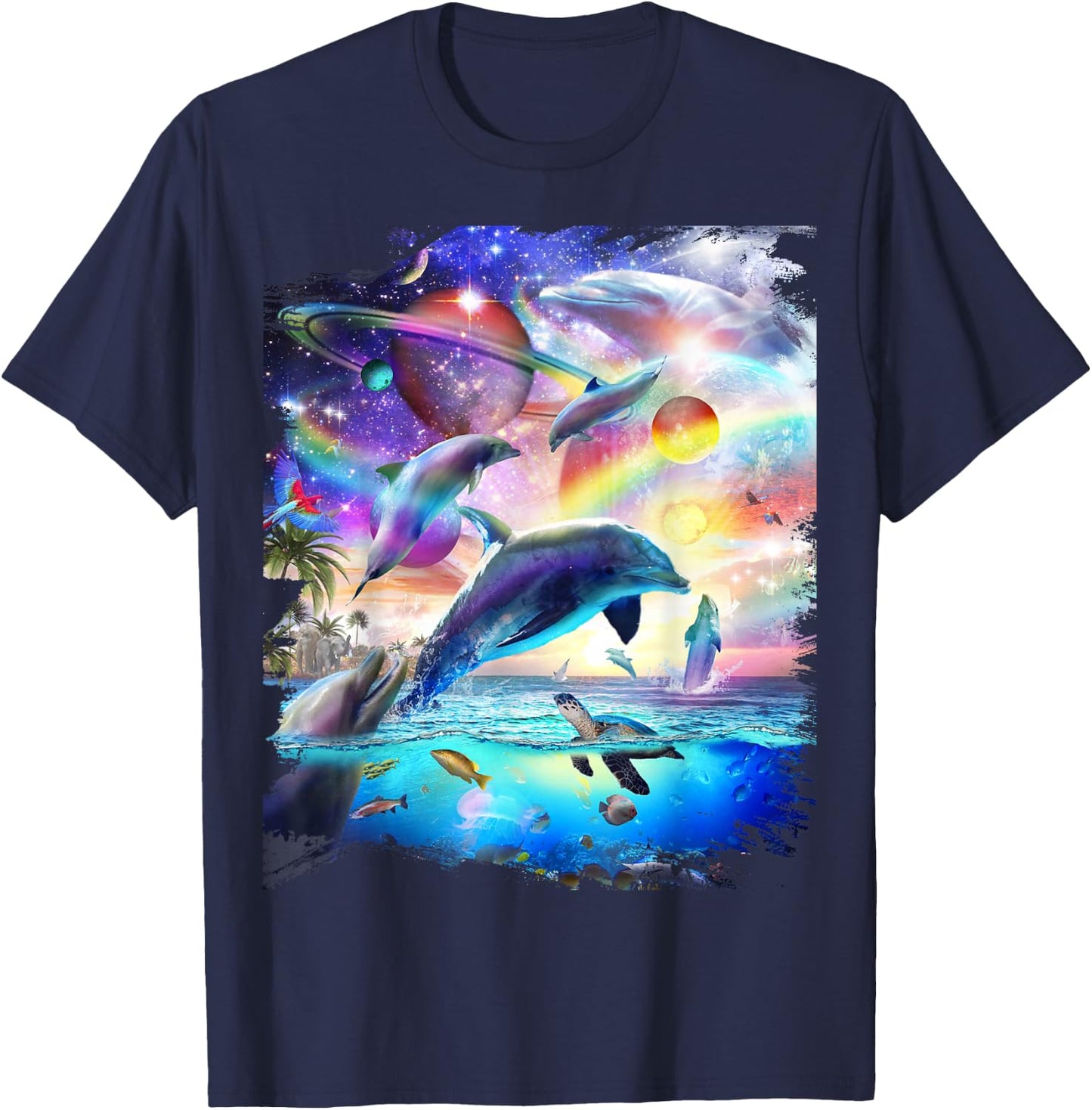 Space Dolphin Galaxy Dolphins Rainbow T-Shirt - T-Shirt | Navy