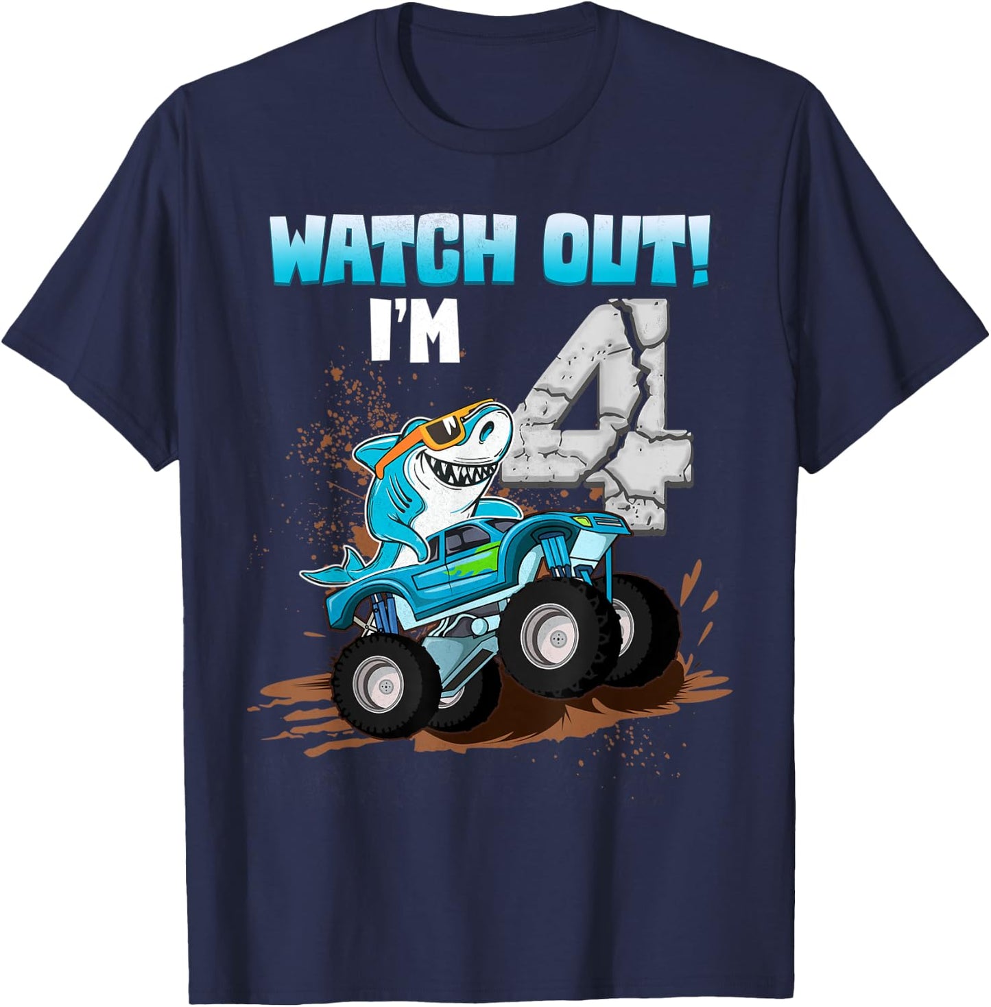 4 Years Old 4th Birthday Shark Boy Girl Monster Truck Gamer T-Shirt - T-Shirt | Navy