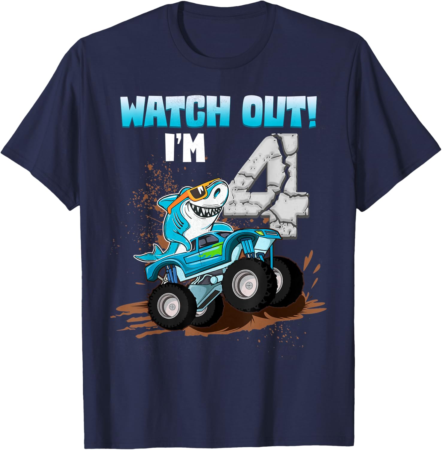 4 Years Old 4th Birthday Shark Boy Girl Monster Truck Gamer T-Shirt - T-Shirt | Navy