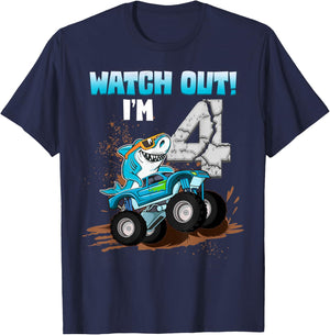 4 Years Old 4th Birthday Shark Boy Girl Monster Truck Gamer T-Shirt - T-Shirt | Navy