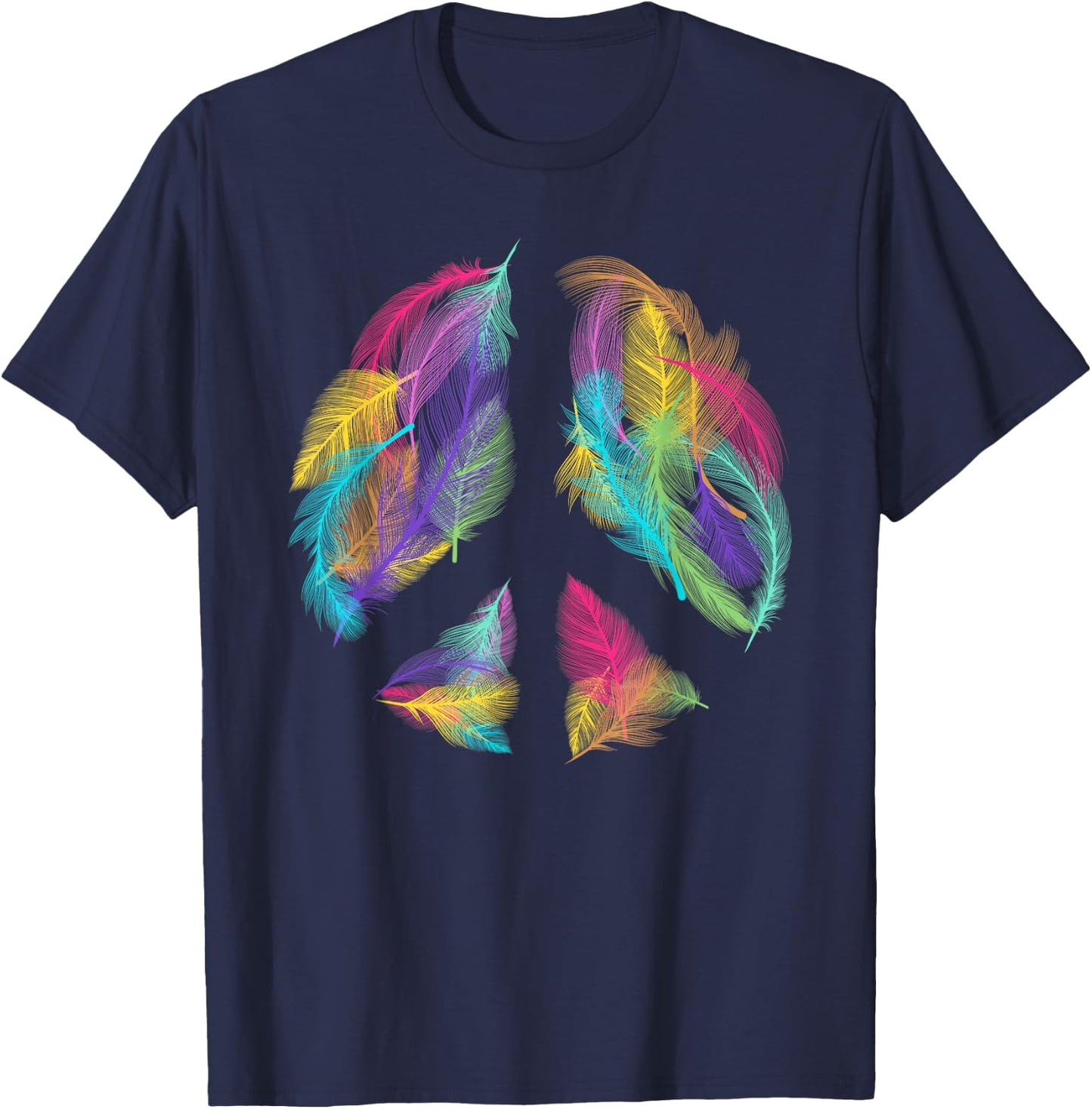 Peace Sign Colorful Feathers Hippie Peace Symbol Retro T-Shirt - T-Shirt | Navy