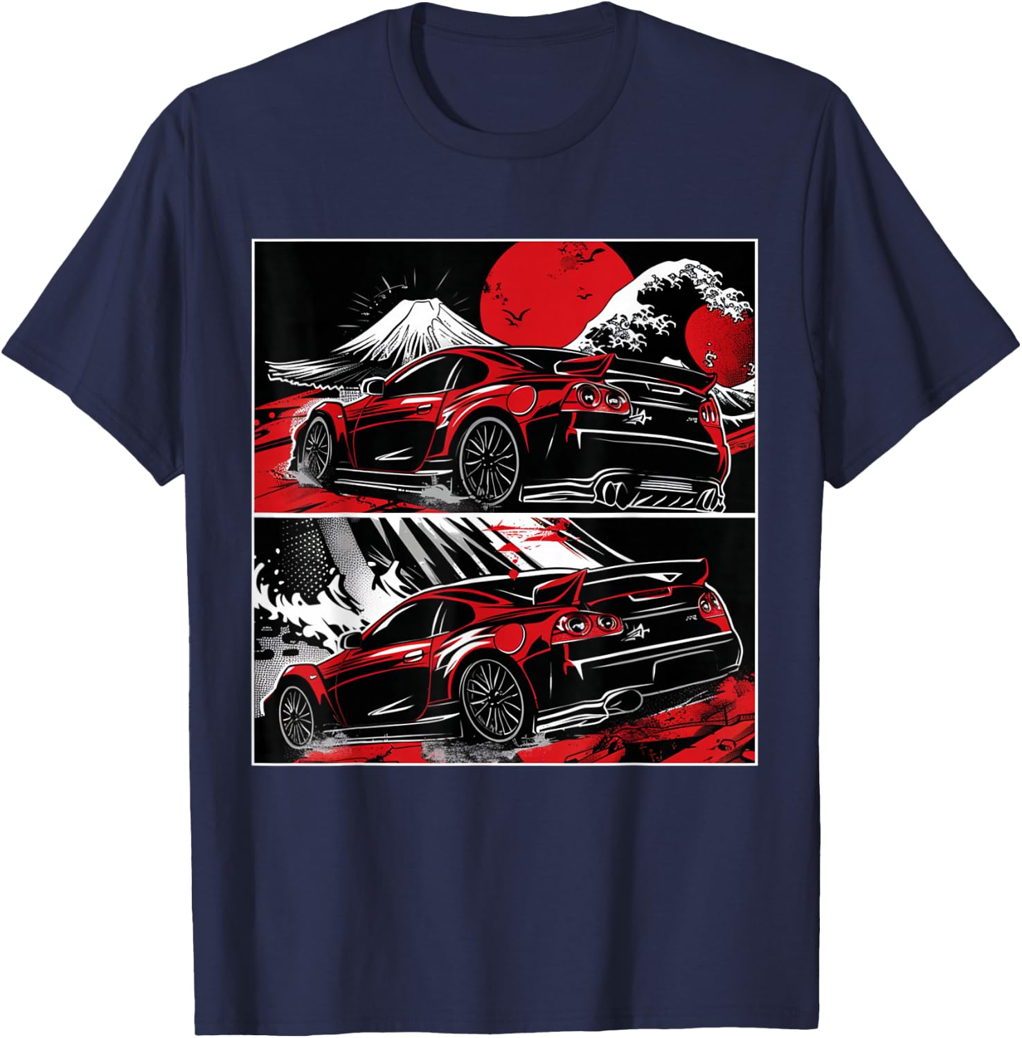 Japanese JDM Race Car Comic Style Great Wave Graphic T-Shirt - T-Shirt | Navy