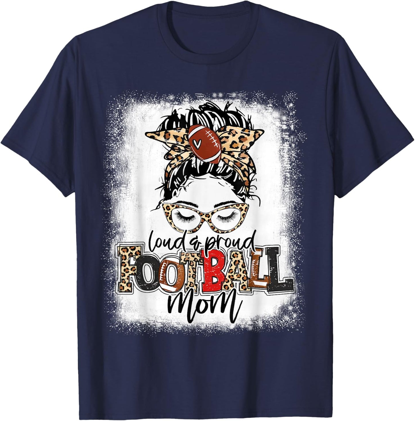Loud And Proud Football Mom Bleached Leopard Football Mama T-Shirt - T-Shirt | Navy
