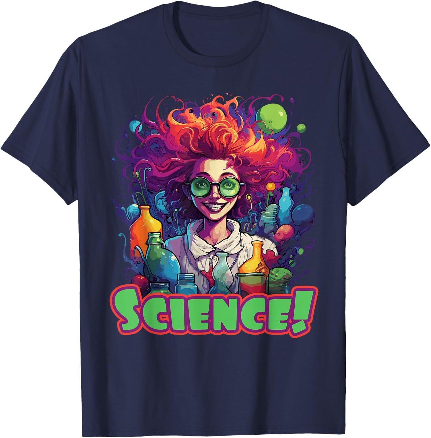 Funny Female Mad Scientist Cartoon Woman Science T-Shirt - T-Shirt | Navy