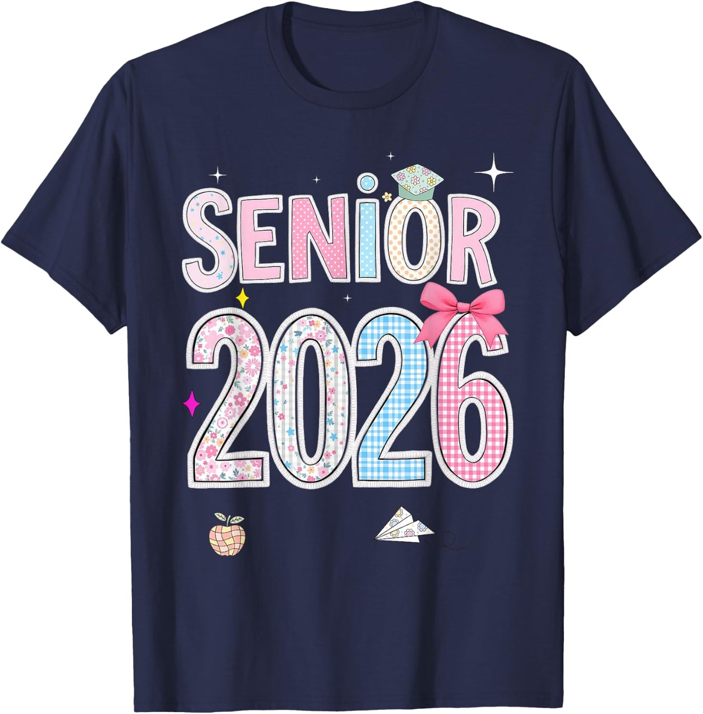 Back To School Senior 2026 Pastel Floral Graduation Bow Cap T-Shirt - T-Shirt | Navy
