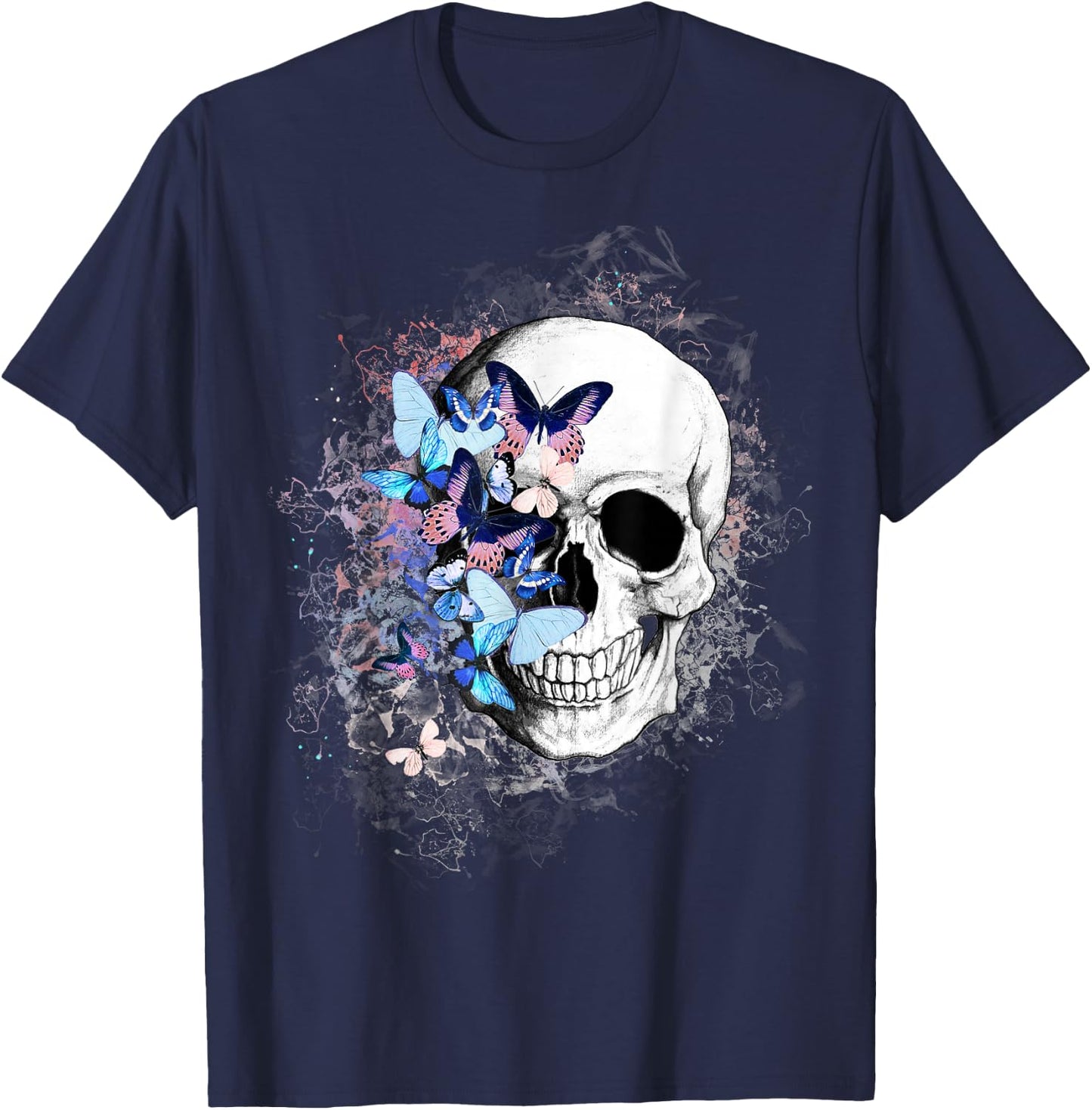 Skull with colorful butterflies, anatomy art T-Shirt - T-Shirt | Navy