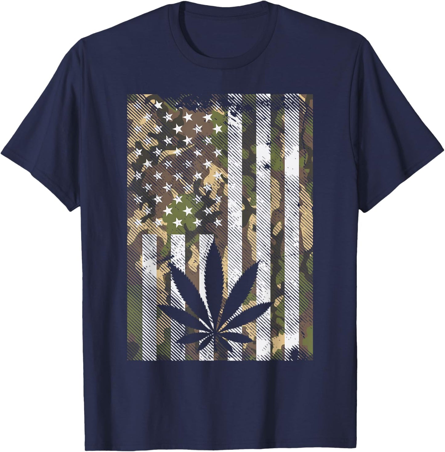 Camo American Flag Weed Cannabis Marijuana 420 Stoner Gift T-Shirt - T-Shirt | Navy