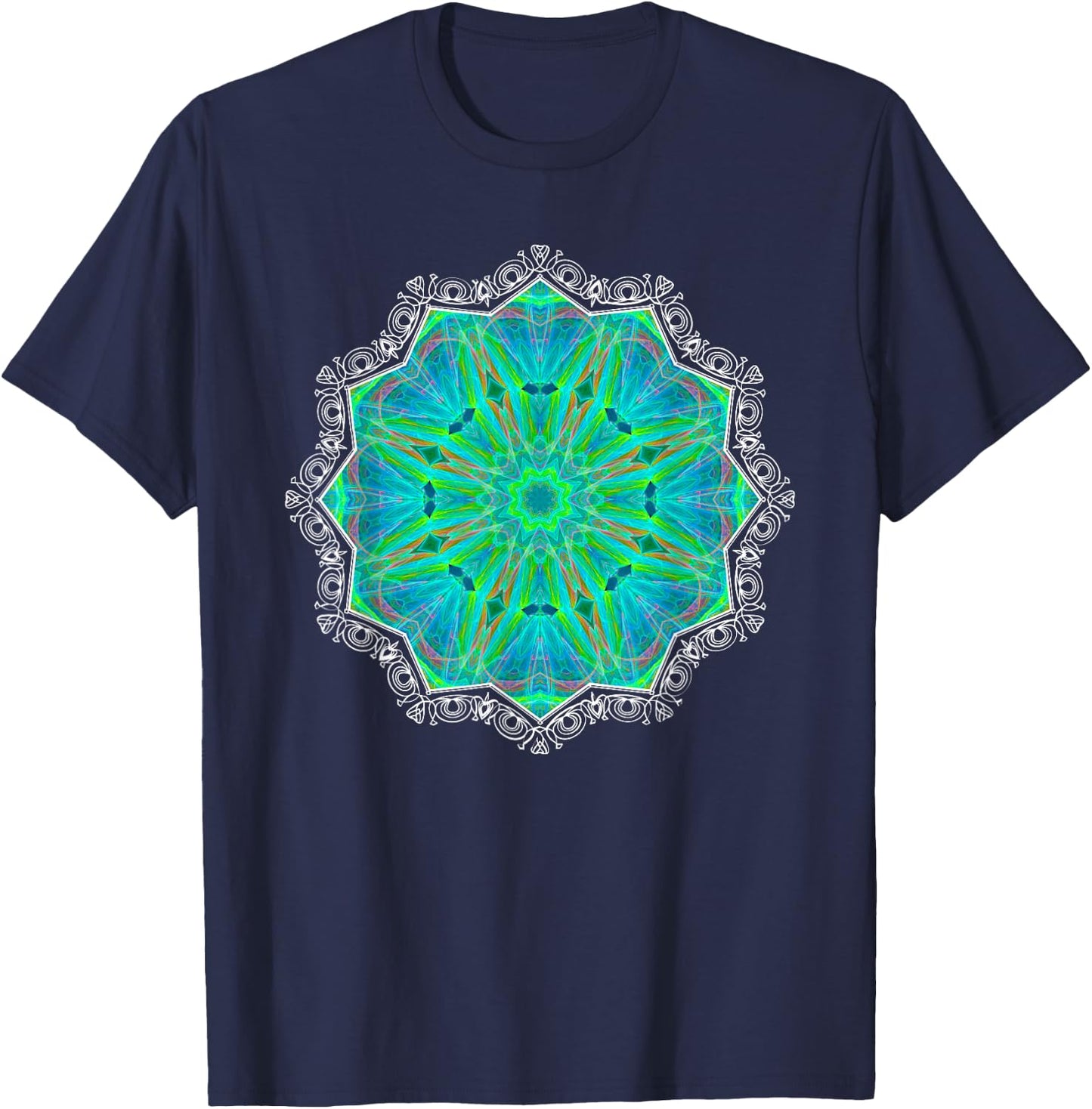 Green Kaleidoscope-art Mandala Geometry Gaia Yoga Mantra T-Shirt - T-Shirt | Navy
