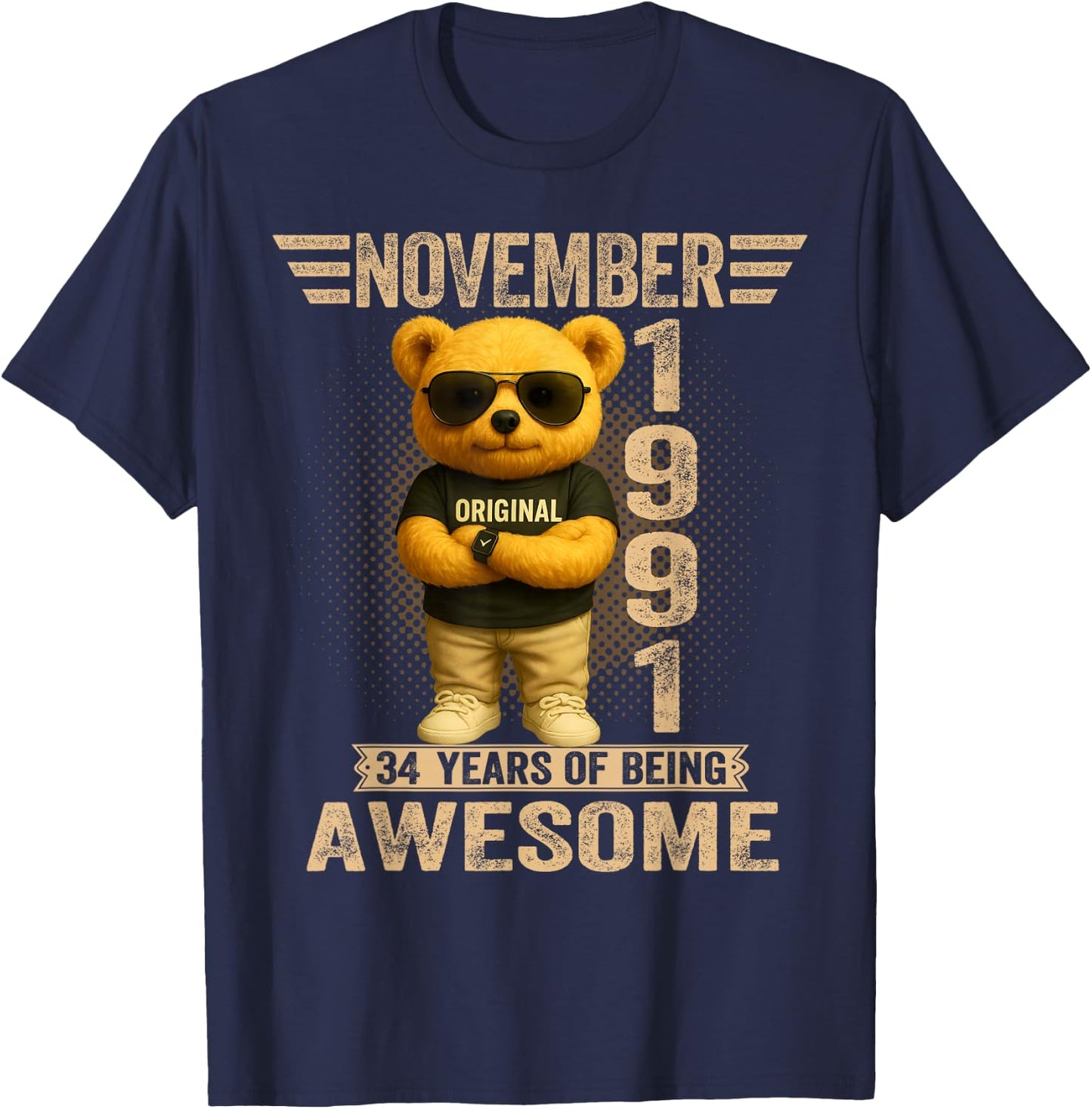 34 Year Old November 1991 Teddy Bear 34th Birthday Men Women T-Shirt - T-Shirt | Navy