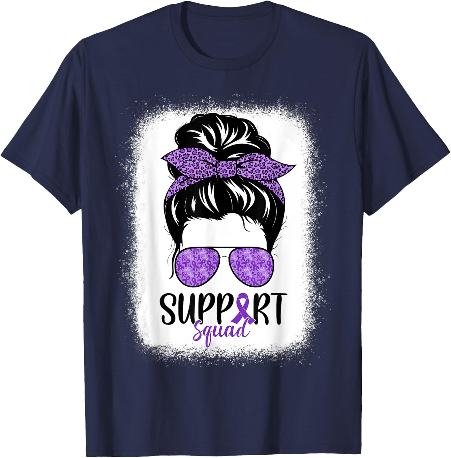 Support Squad Pancreatic Cancer Messy Bun Leopard T-Shirt - T-Shirt | Navy