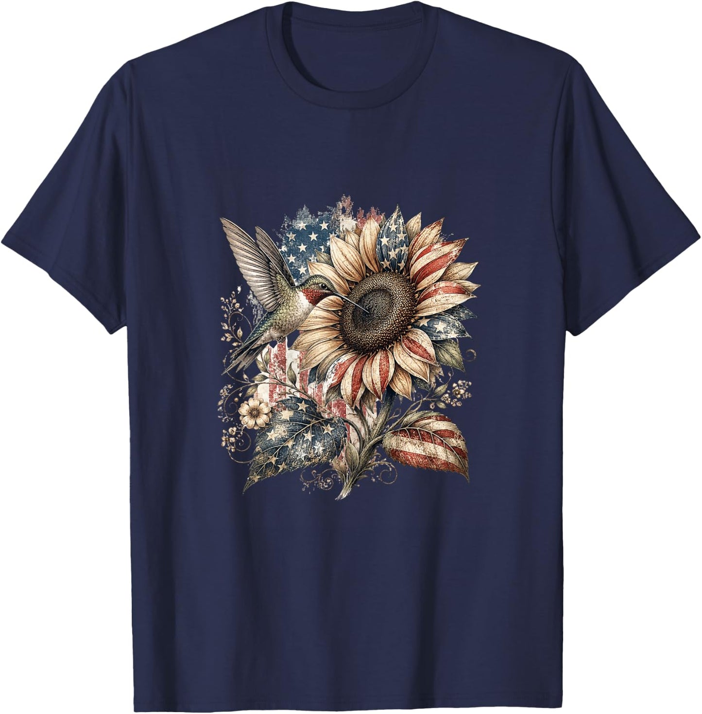 American Flag Sunflower Patriotic 250th Floral Vintage Women T-Shirt - T-Shirt | Navy