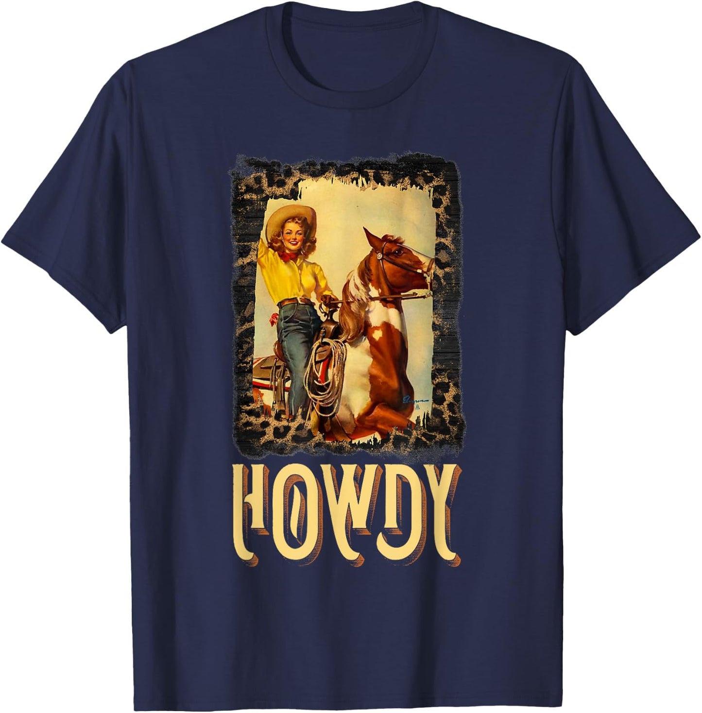 Howdy Vintage Rustic Rodeo Western Southern Cowgirl Portrait T-Shirt - T-Shirt | Navy