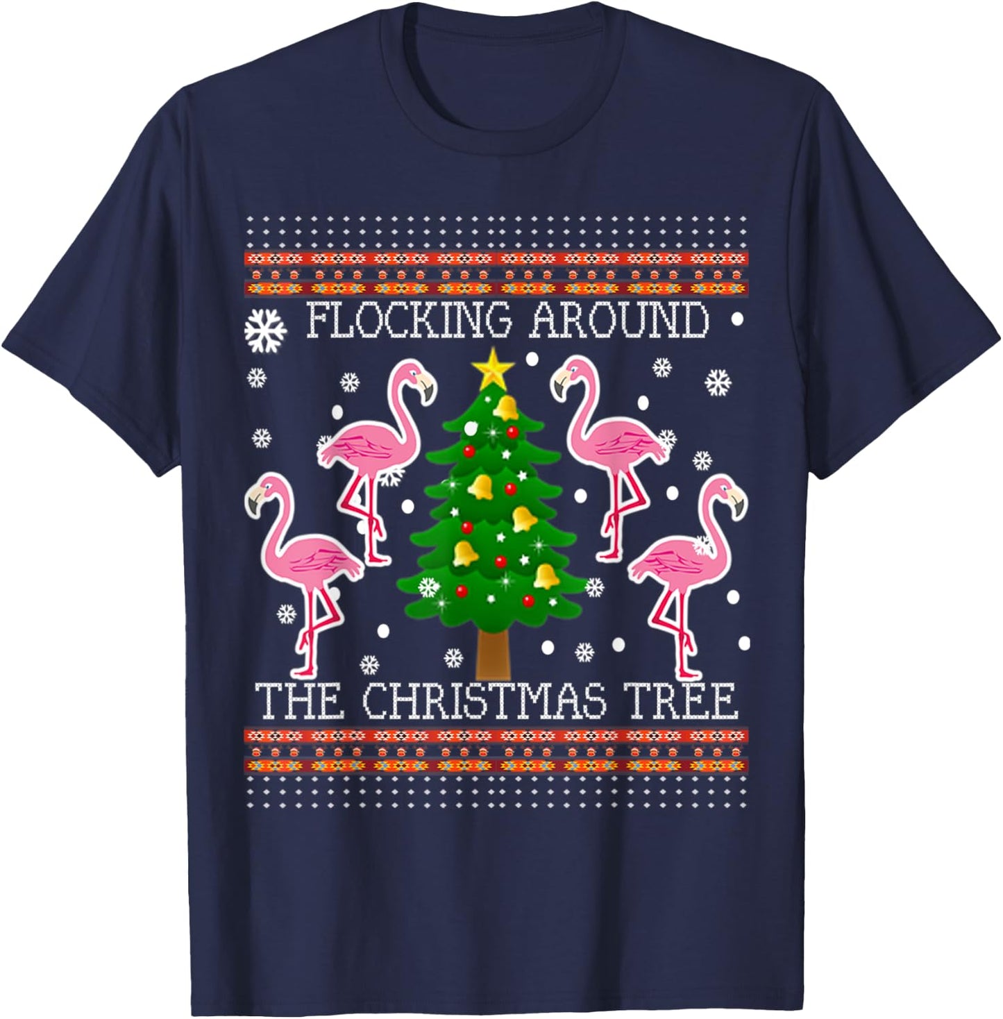 Funny Flamingo Christmas Tree Shirt-Flocking Around T-Shirt - T-Shirt | Navy
