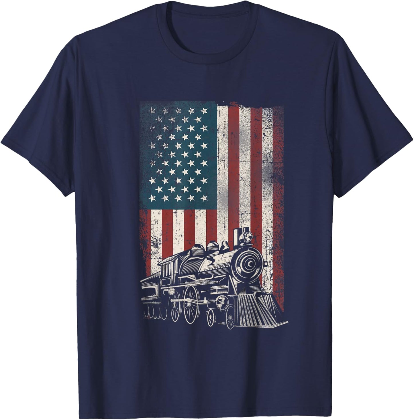 Steam Train Driver Trainspotting Locomotive American Flag T-Shirt - T-Shirt | Navy