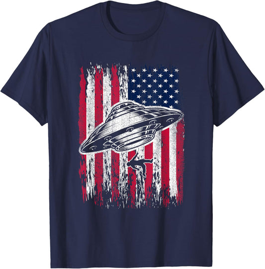 UFO Alien Abduction 4th Of July Gift USA Flag Alien T-Shirt - T-Shirt | Navy