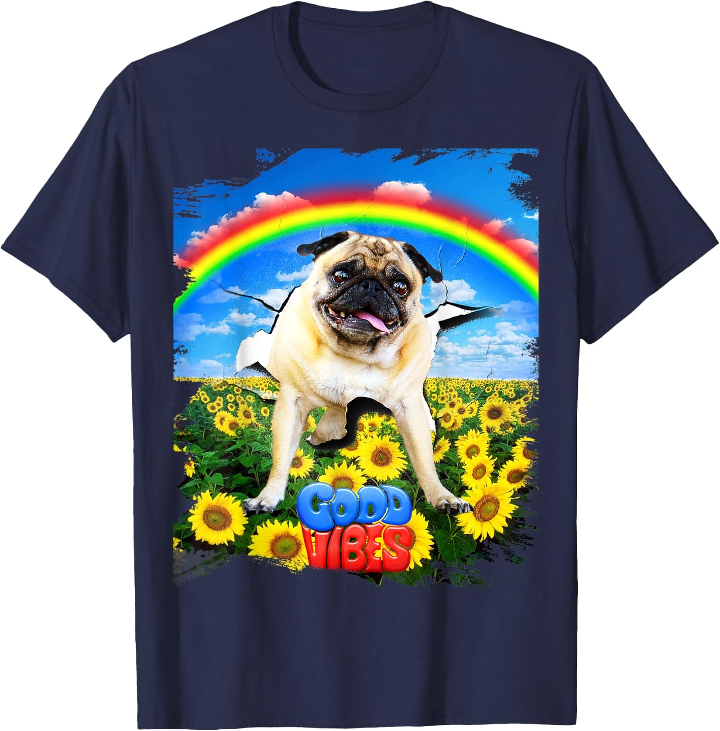 Pug Dog Cracked Wall Good Positive Vibes Rainbow Funny Men Women Kids T-Shirt - T-Shirt | Navy