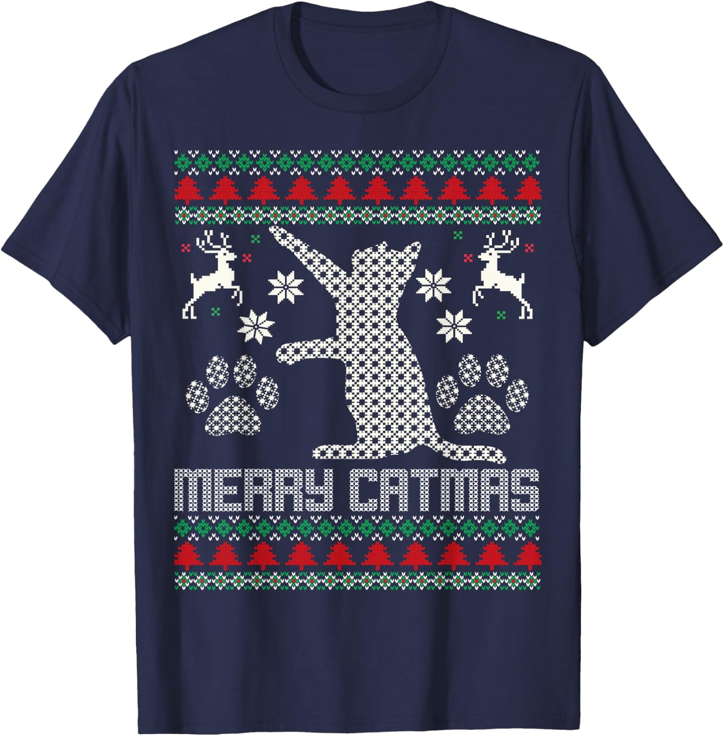 Merry Catmas Funny Cat Christmas Ugly Sweater Men Women Kids T-Shirt - T-Shirt | Navy