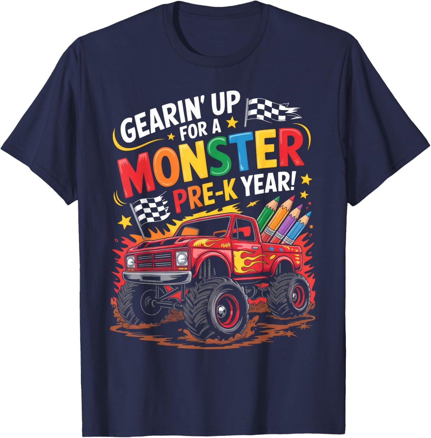 Back to School Preschool Pre-K Monster Truck First Day Boys T-Shirt - T-Shirt | Navy