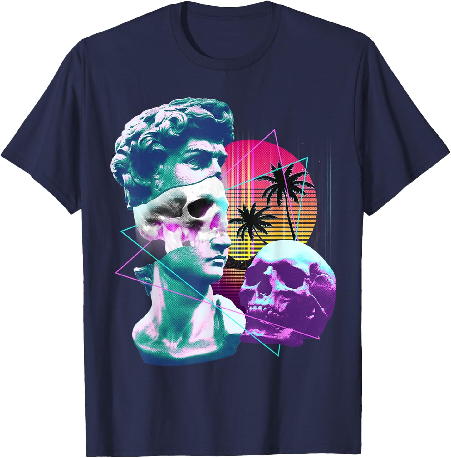 Vaporwave David Bust Statue with Skulls & Palm Tree Art T-Shirt - T-Shirt | Navy