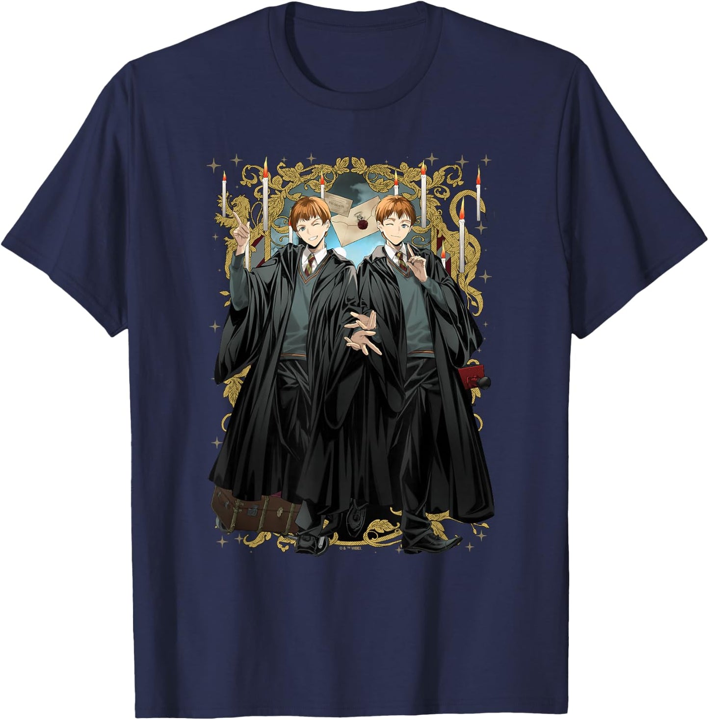 Harry Potter Weasley Twins Anime Style Hogwarts Portrait T-Shirt - T-Shirt | Navy