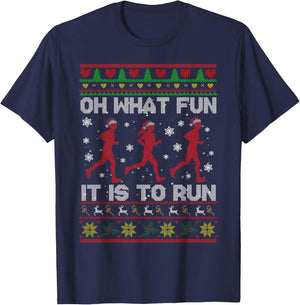 Oh What Fun It is to Run Xmas Santa Runner Running Sweater T-Shirt - T-Shirt | Navy