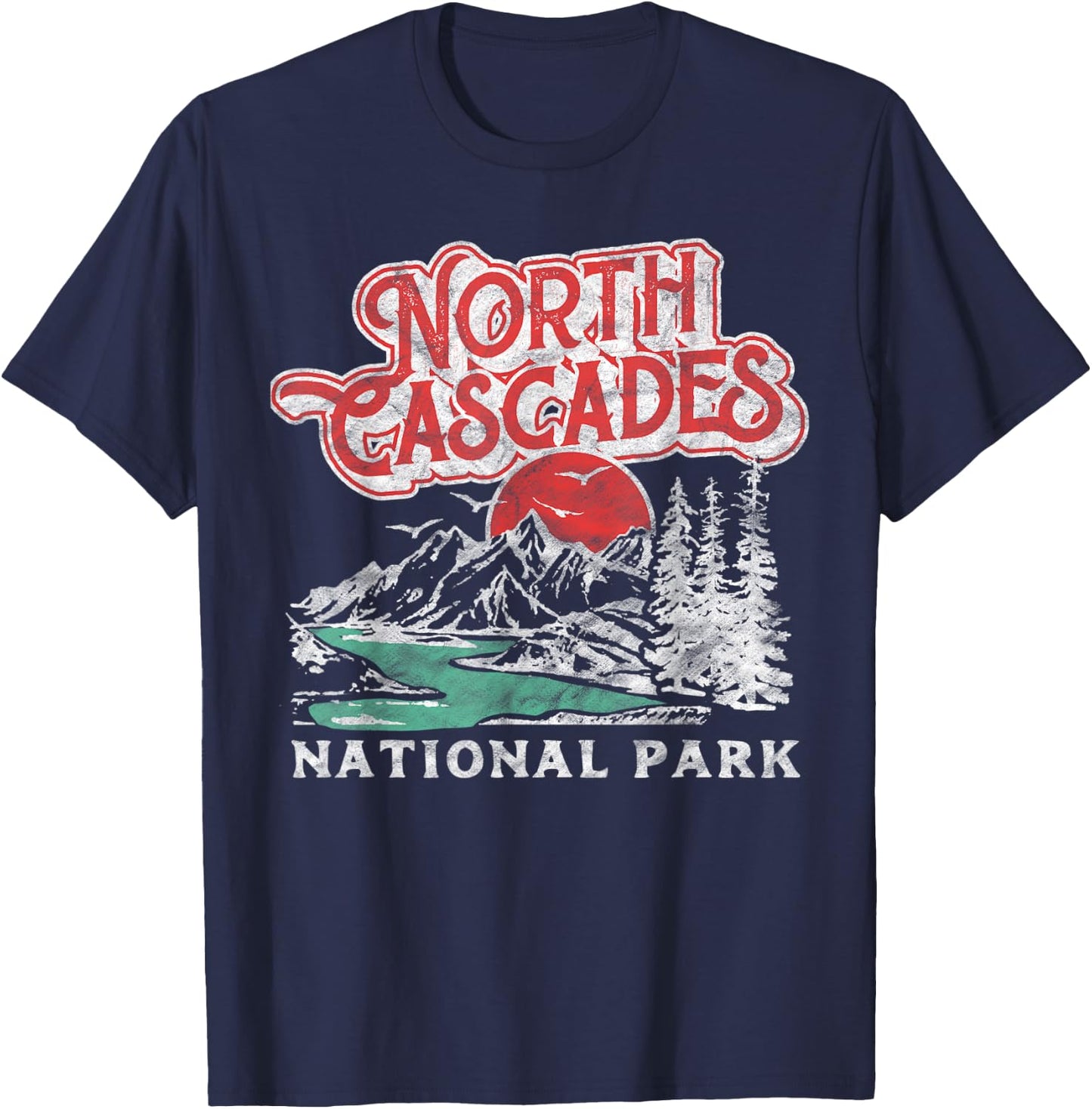 North Cascades National Park Retro 80's Mountains Distressed T-Shirt - T-Shirt | Navy