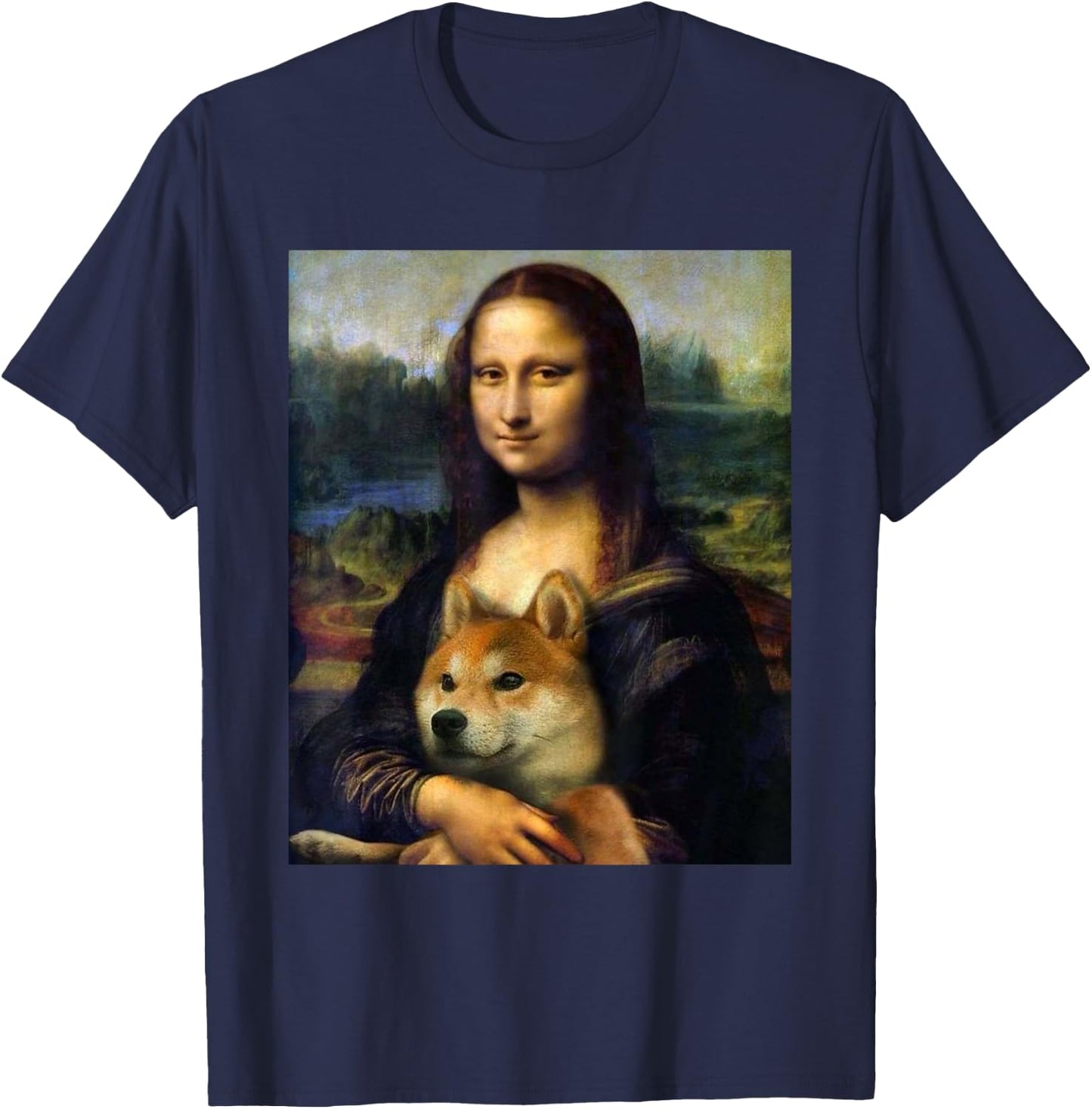 Mona Lisa da Vinci Print Shirt Mona Lisa with Shiba Inu Dog T-Shirt - T-Shirt | Navy