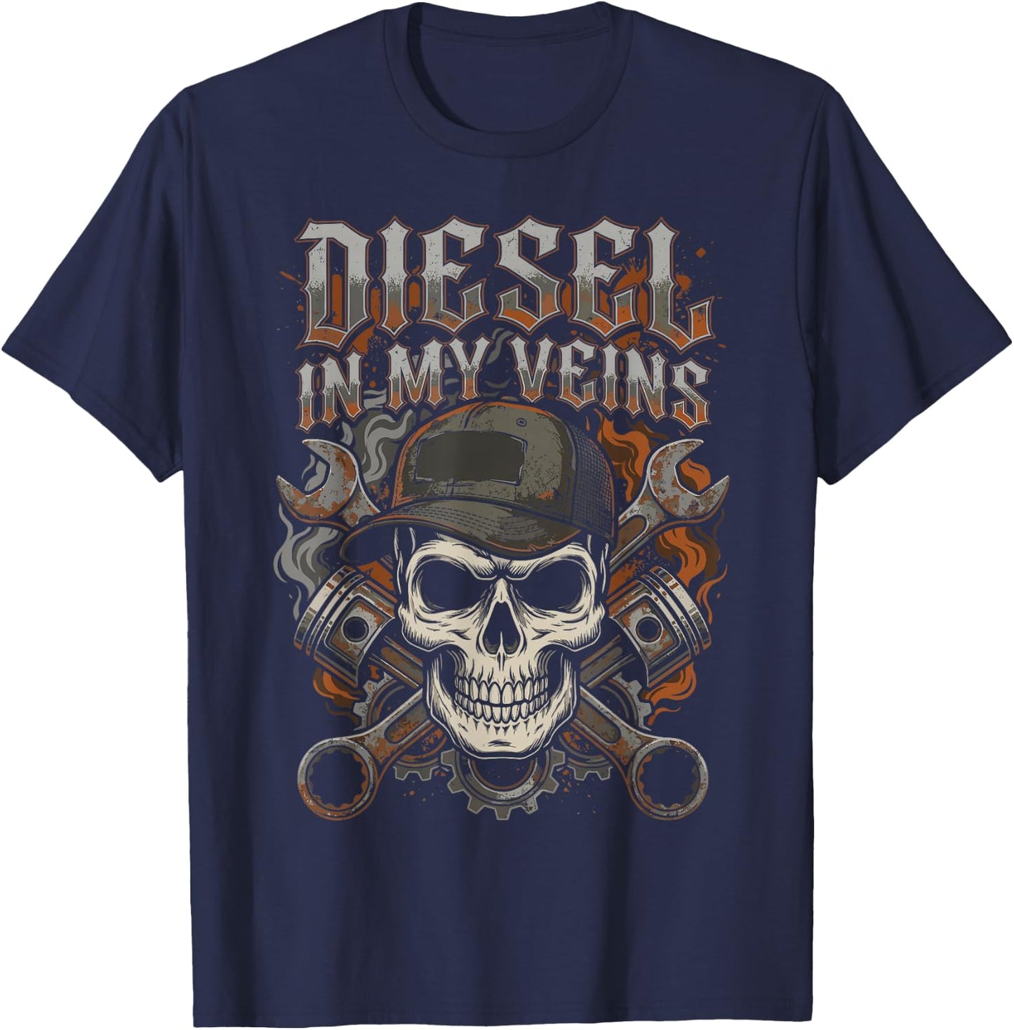 Diesel in My Veins Skull Mechanic Semi Truck Driver Trucker T-Shirt - T-Shirt | Navy