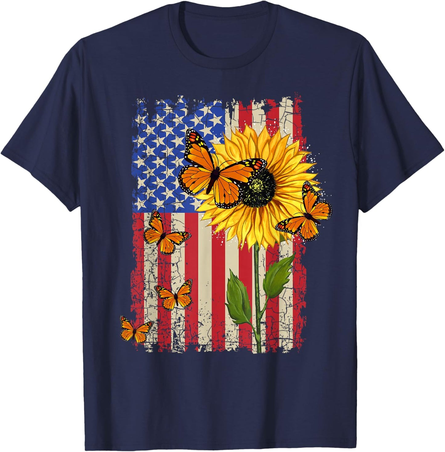 Sunflower Monarch Butterflies Patriotic American Flag T-Shirt - T-Shirt | Navy